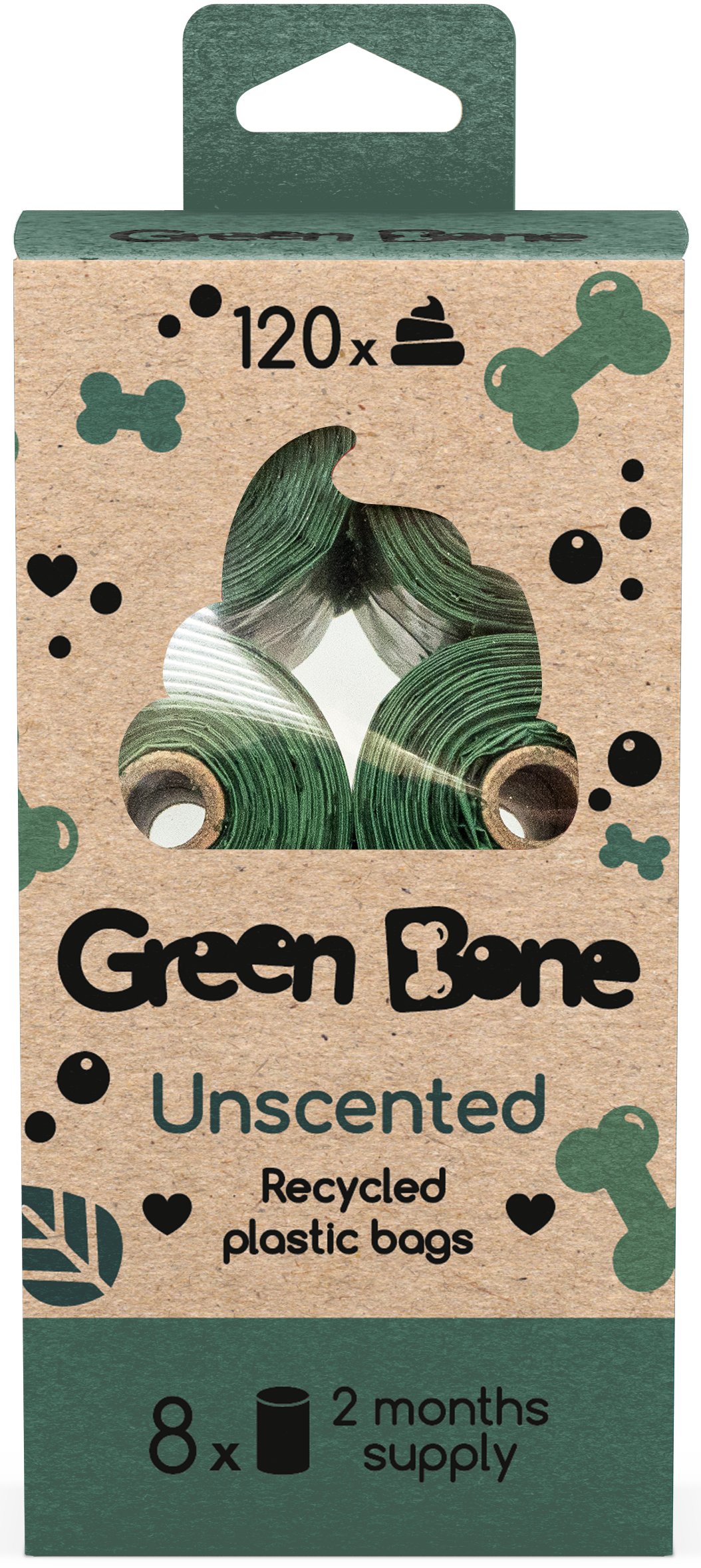 Green Bone tuoksuttomat koirankakkapussit, 8 rullaa, 120 kpl