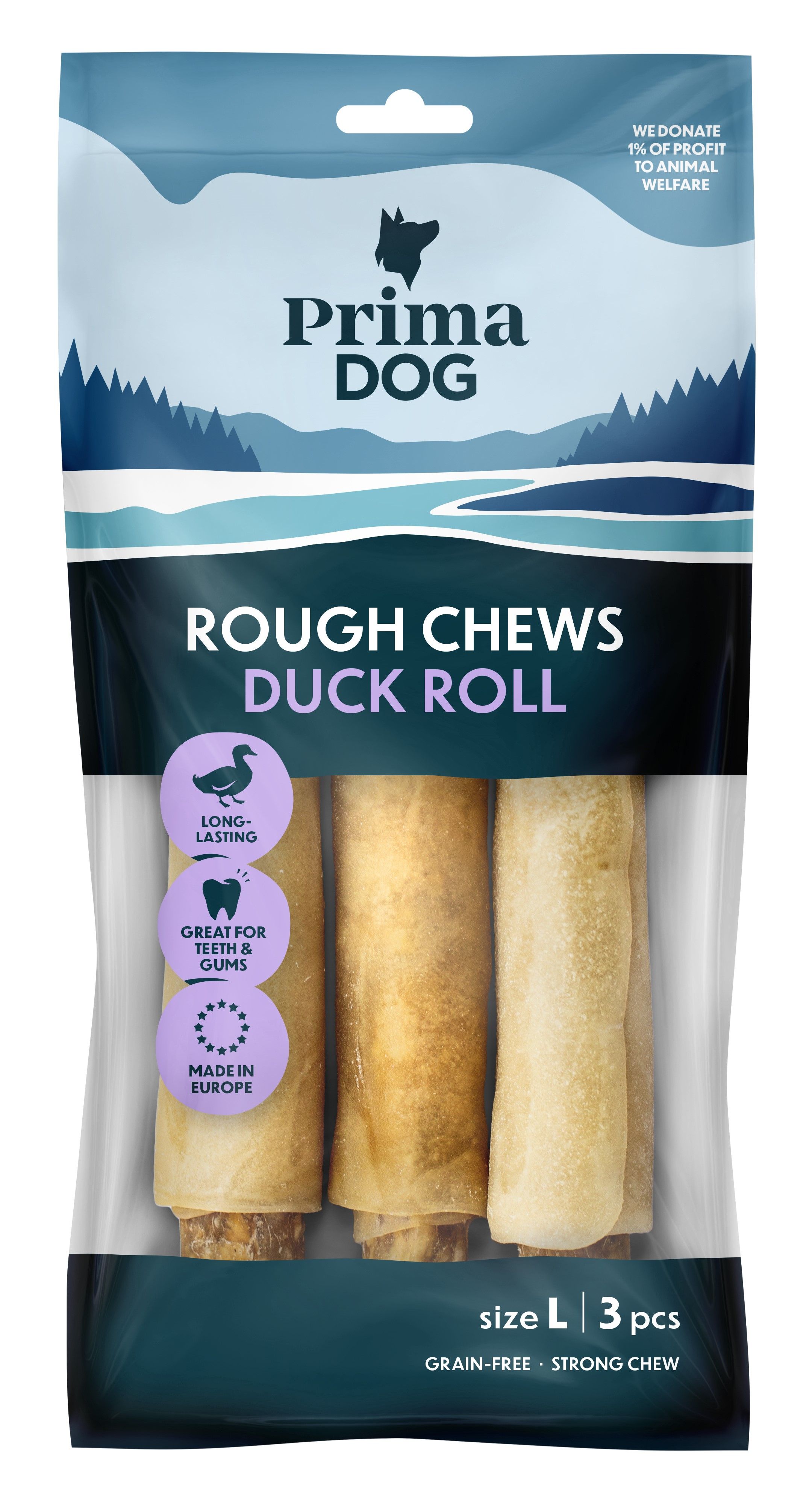PrimaDog Rough Chews Tuggben med Anka L 17 cm 225 g
