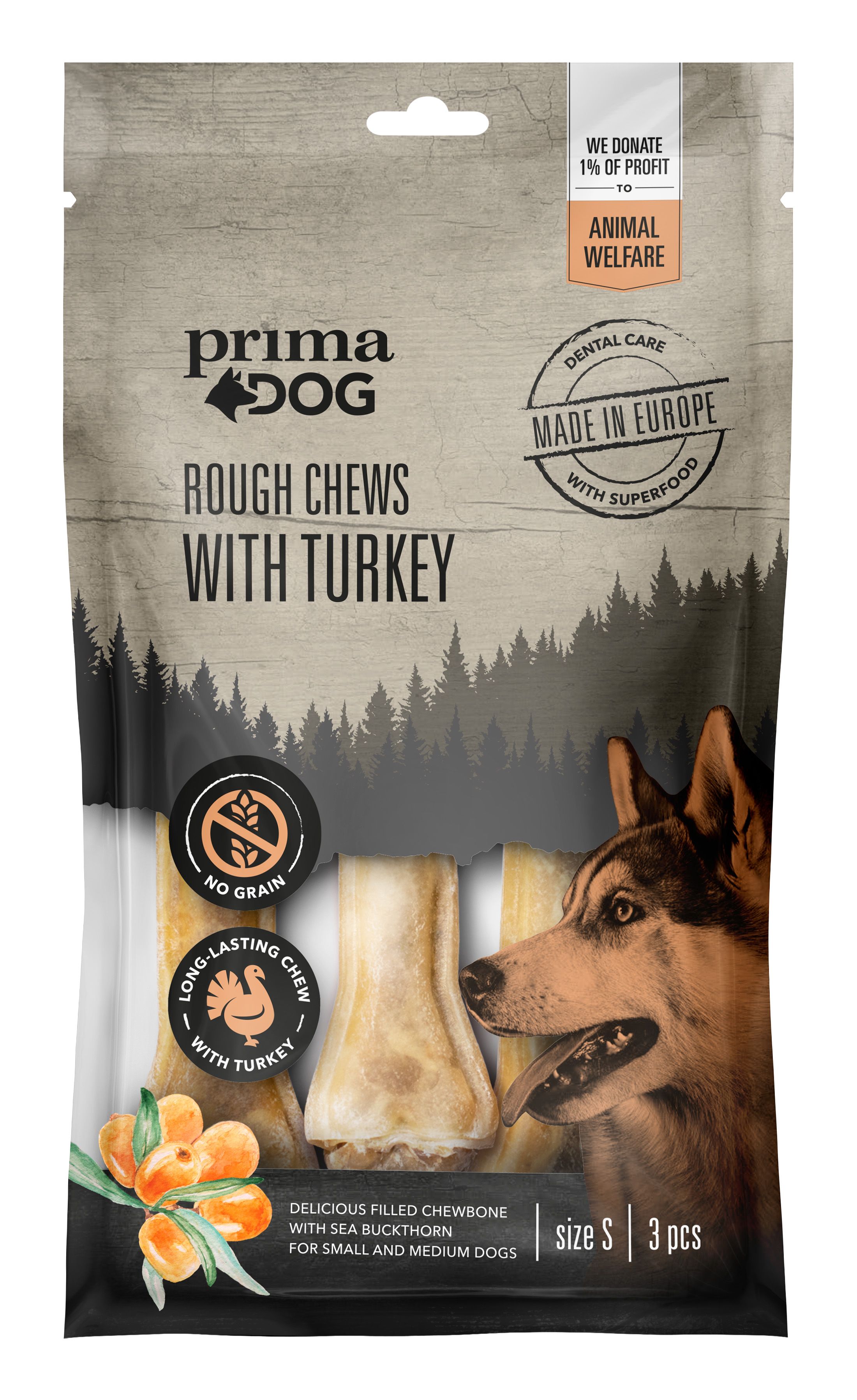 PrimaDog Rough Chews Turkey/Sea Buckthorn 10 cm 105 g
