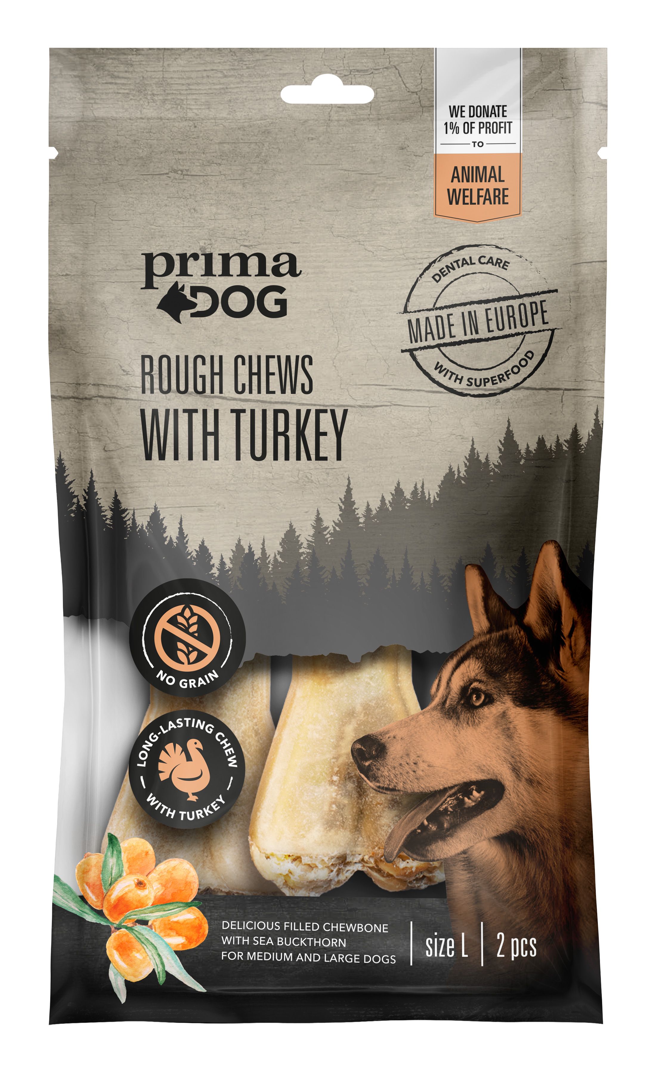 PrimaDog Rough Chews Turkey/Sea Buckthorn 13,5 cm 140 g